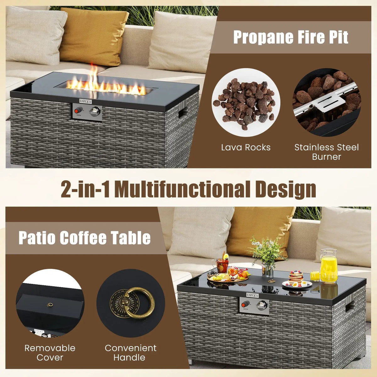 2-Piece Outdoor Rattan Fire Table Set 32 Inch Rectangle Gas Firepit with Tank Cover, photo 17 of 24