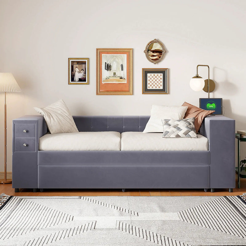 Upholstered Bed With Storage And Twin Trundle, USB Charging Ports by HouseOfZazla
