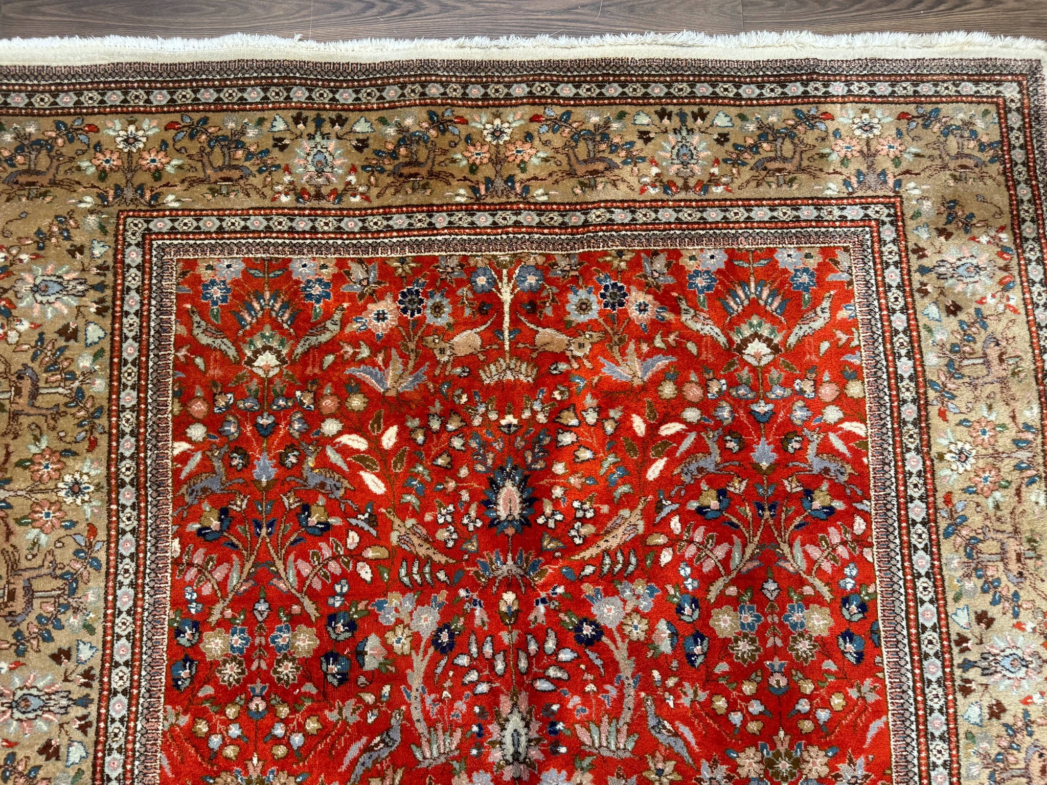 Persian Tabriz Rug 6x10, Burnt Orange and Tan, Animal Pictorials, Deer, Floral, Taba Tabae Carpet by Jewel Rugs