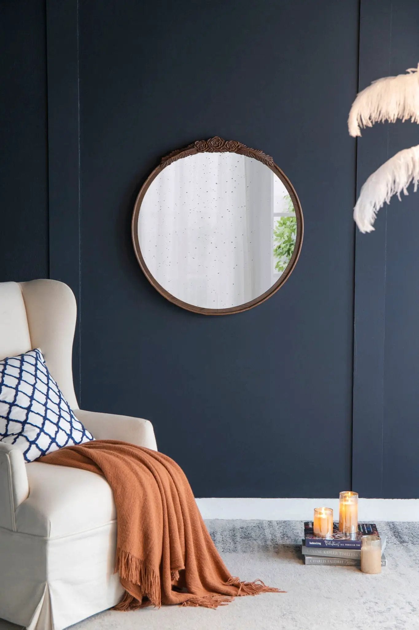 Round Hand Carved Rose Antique Mirror Frame, Wall Mirror For Live Space by Unique Piece Furniture