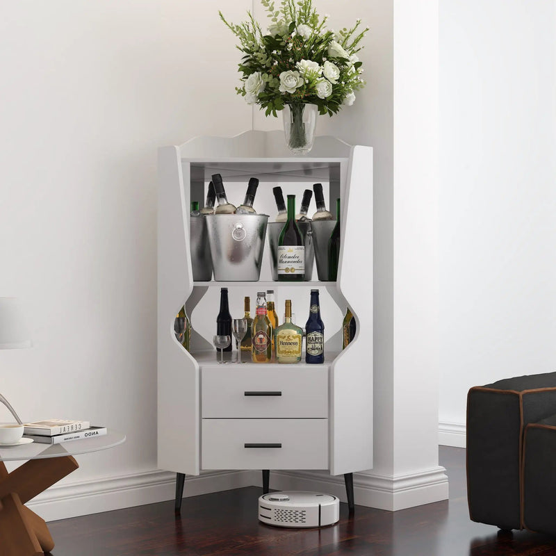 Corner Bar Cabinet With Mirrored Back, 2 Open Shelves & 2 Drawers by HouseOfZazla