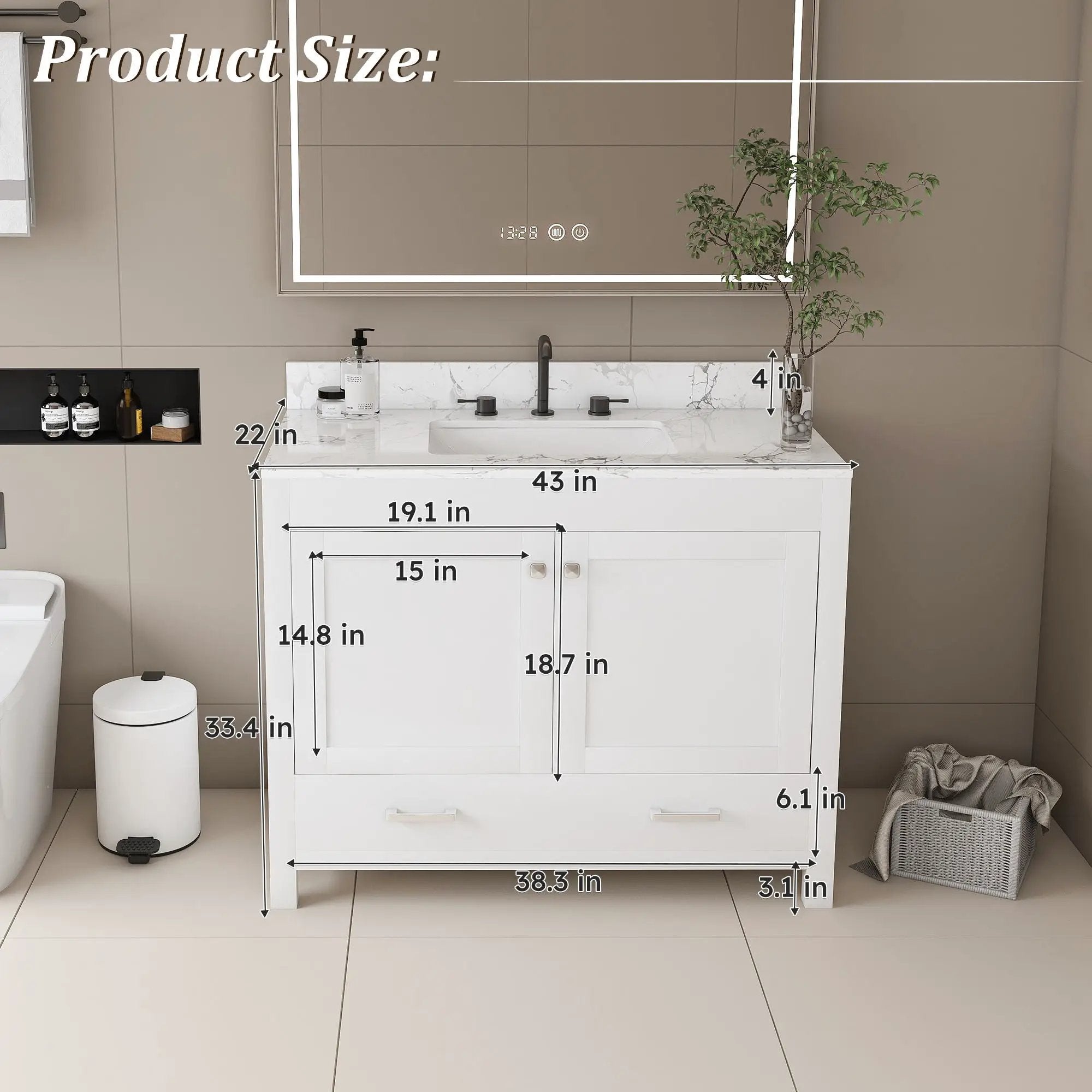 43" Bathroom Vanity With Artificial Marble Carrara Top Set, Multi Functional Bathroom Cabinet With Doors And Drawer - White by HouseOfZazla