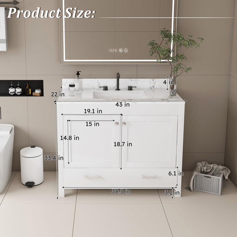 43" Bathroom Vanity With Artificial Marble Carrara Top Set, Multi Functional Bathroom Cabinet With Doors And Drawer - White by HouseOfZazla