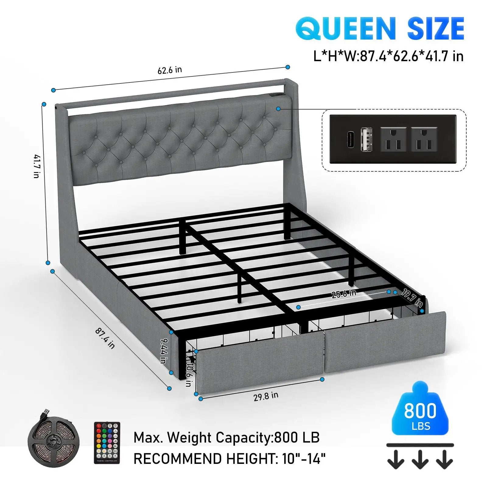 Bed Frame With Storage Headboard, RGB LED Light & USB Charging Station by HouseOfZazla