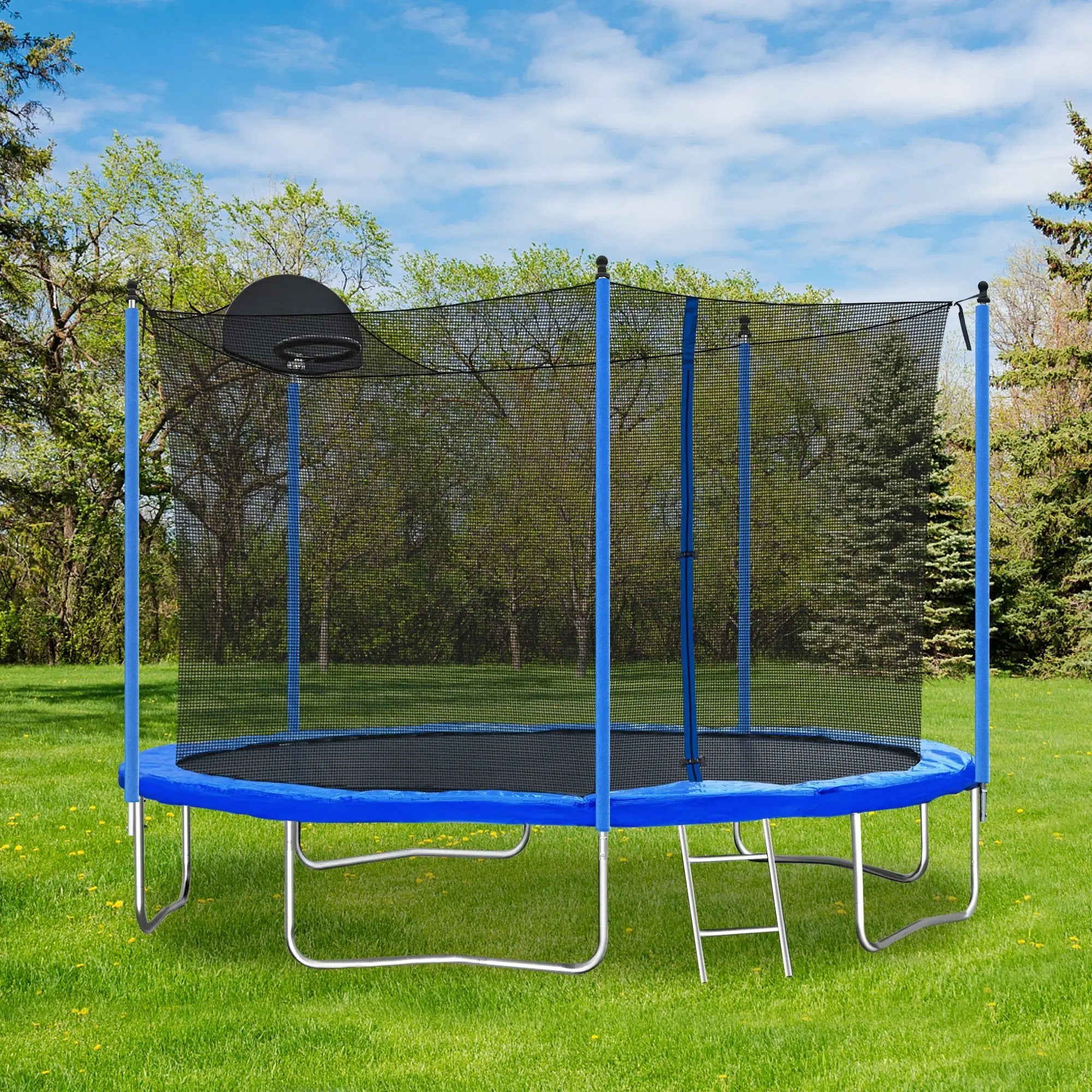 12Ft Trampoline For Adults & Kids With Basketball Hoop, Outdoor Trampolines With Ladder And Safety Enclosure Net For Kids And Adults - Blue by HouseOfZazla