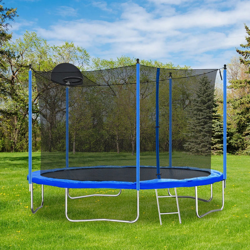 12Ft Trampoline For Adults & Kids With Basketball Hoop, Outdoor Trampolines With Ladder And Safety Enclosure Net For Kids And Adults - Blue by HouseOfZazla