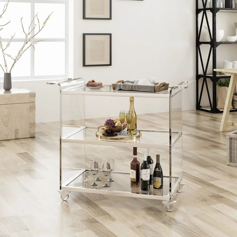 Elegant Acrylic Bar Cart With Tempered Glass Shelves And Rattan Metal Frame - Clear by HouseOfZazla