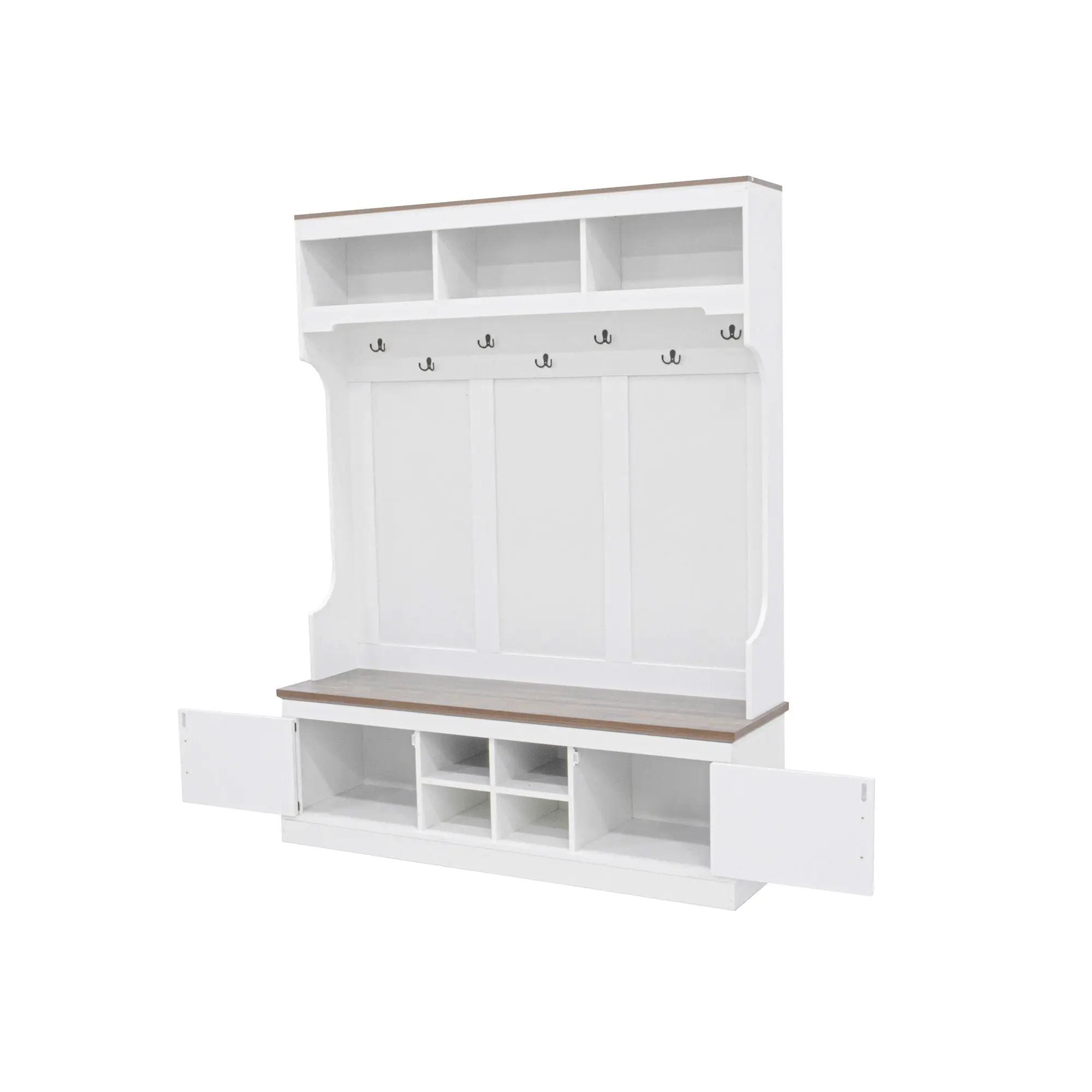 Hall Tree With Bench And Shoe Storage, 5 In 1 Entryway Organizer Cabinet With Coat Rack, 4 Shoe Cubbies & 7 Hooks - White by HouseOfZazla