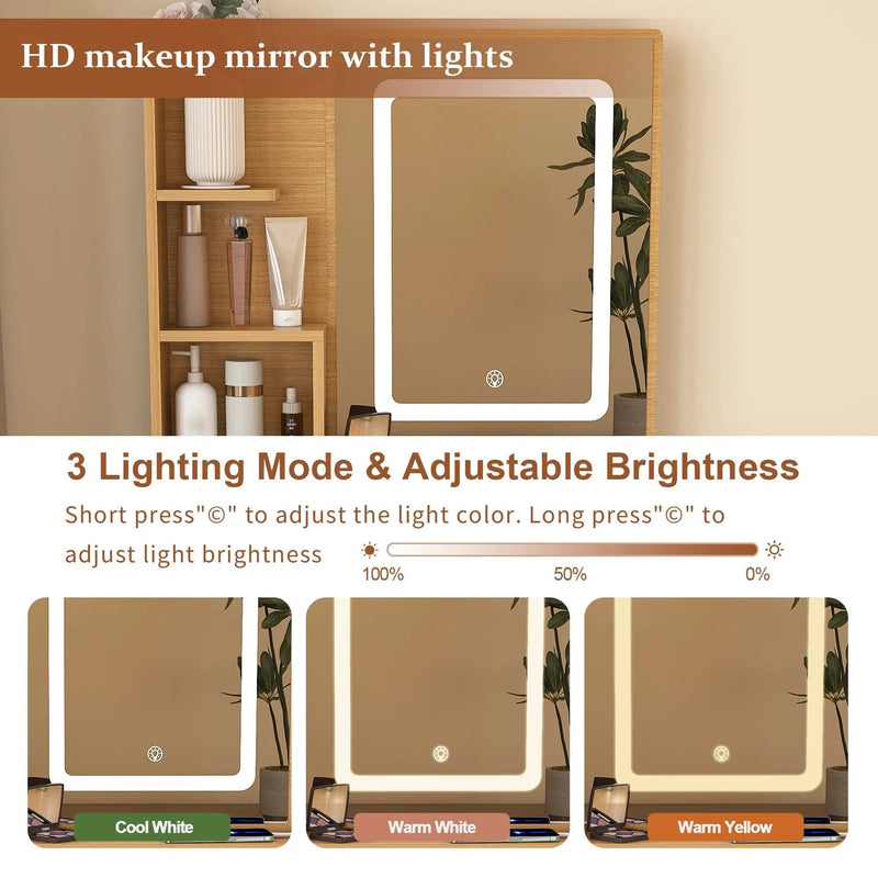Vanity Table With LED Mirror, Power Outlet, Hairdryer Holder & Padded Stool by HouseOfZazla