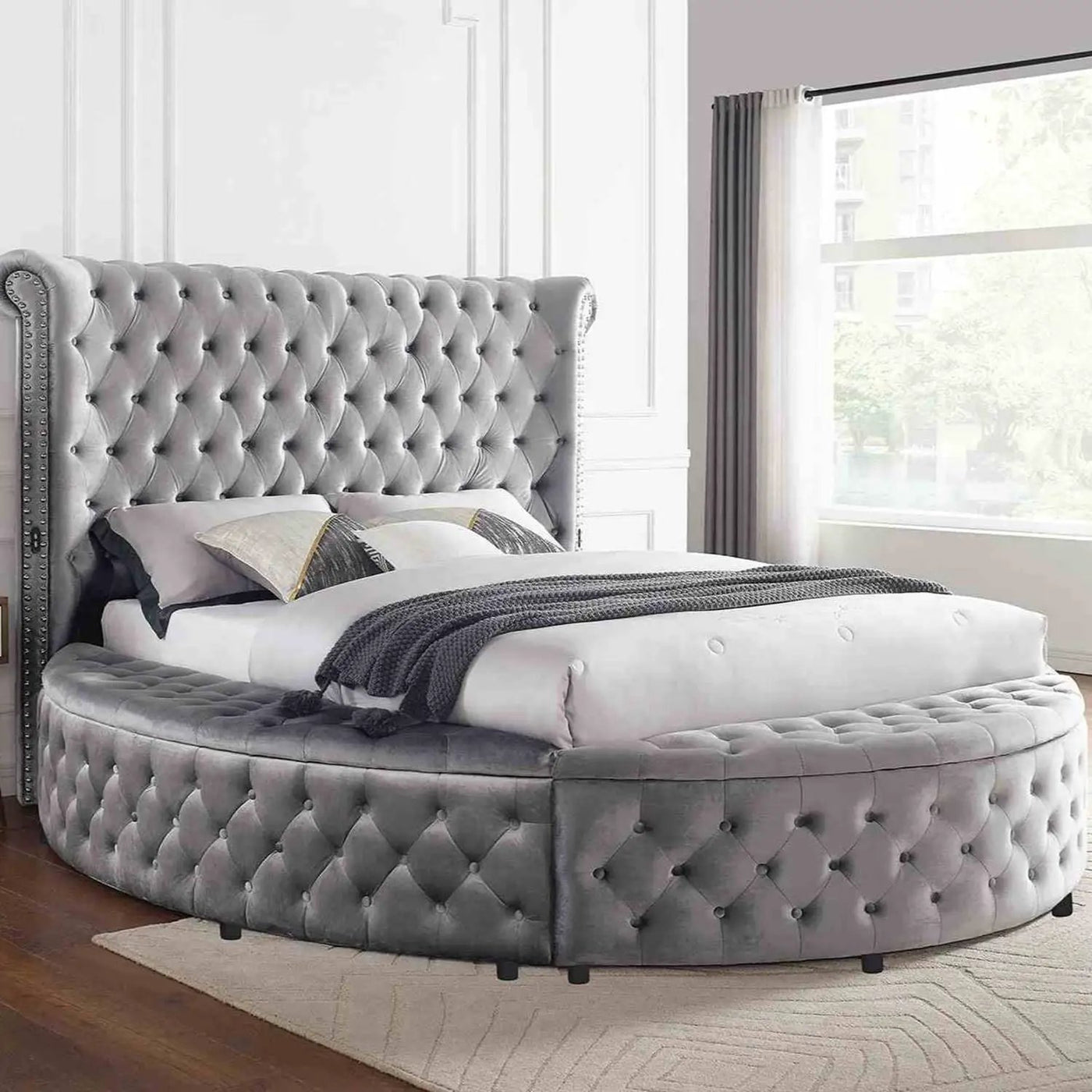 Glam Button Tufted Wingback Round Bed With Storage And USB Ports by HouseOfZazla