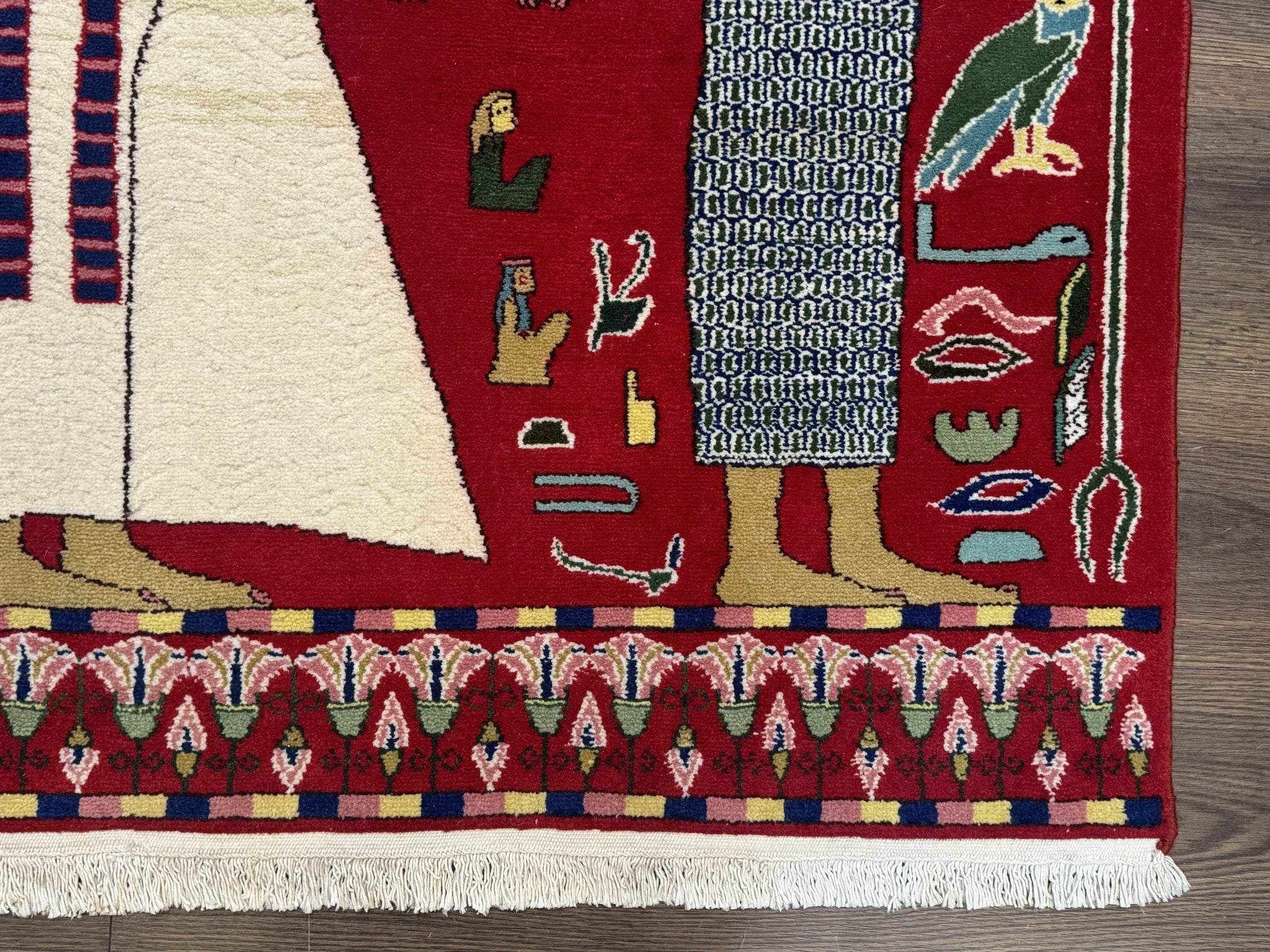 Egyptian Pictorial Rug 3x4, Hieroglyphic Pictorial Rug, Egyptian Prince and Princess, Cleopatra, Vintage Handmade, Red by Jewel Rugs