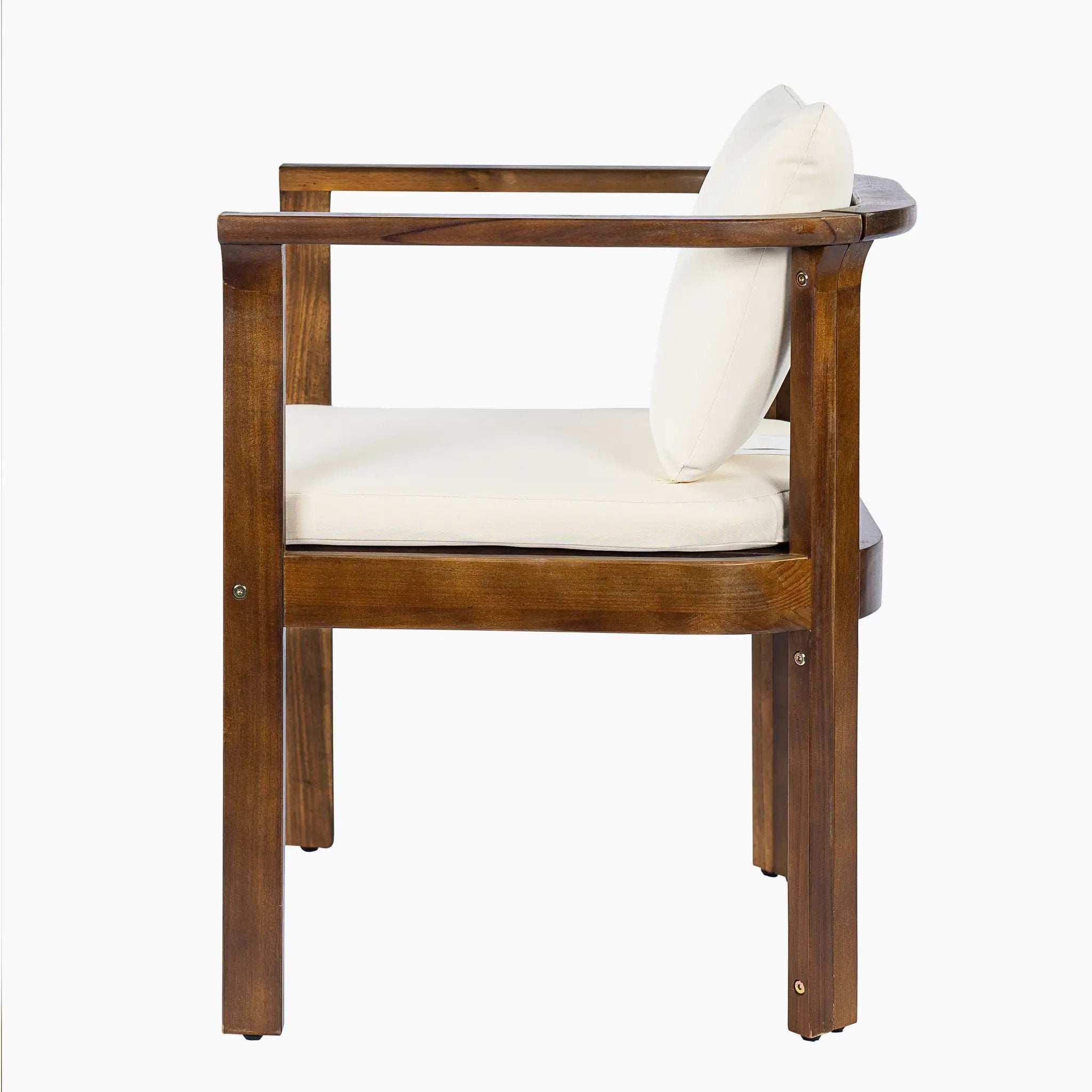 Outdoor Dining Chair Set of 2 with Curved Acacia Wood Arms, Brown Finish and Cream Cushions by HouseOfZazla