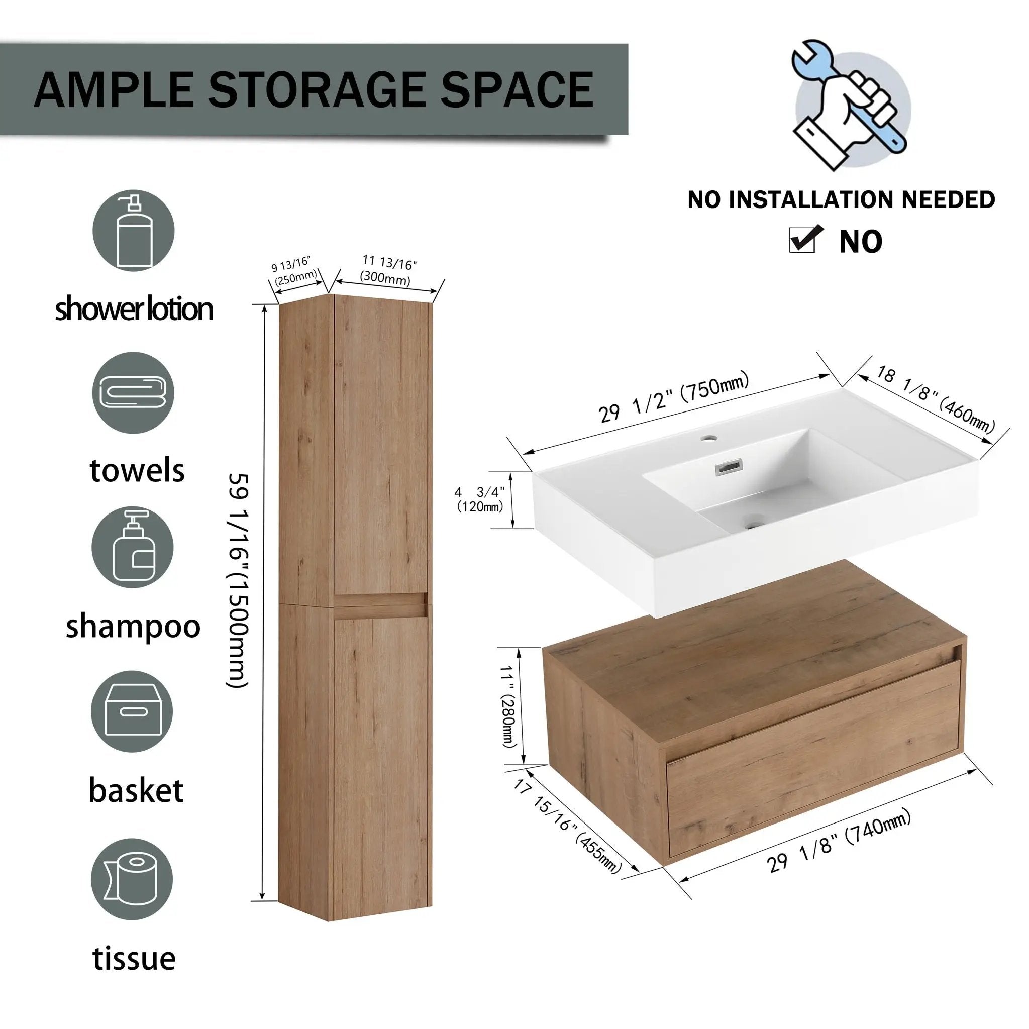 Modern Wall Mounted 30 Inch Bathroom Vanity With Resin Sink And 2 Side Cabinet In Imitative - Imitative Oak by HouseOfZazla