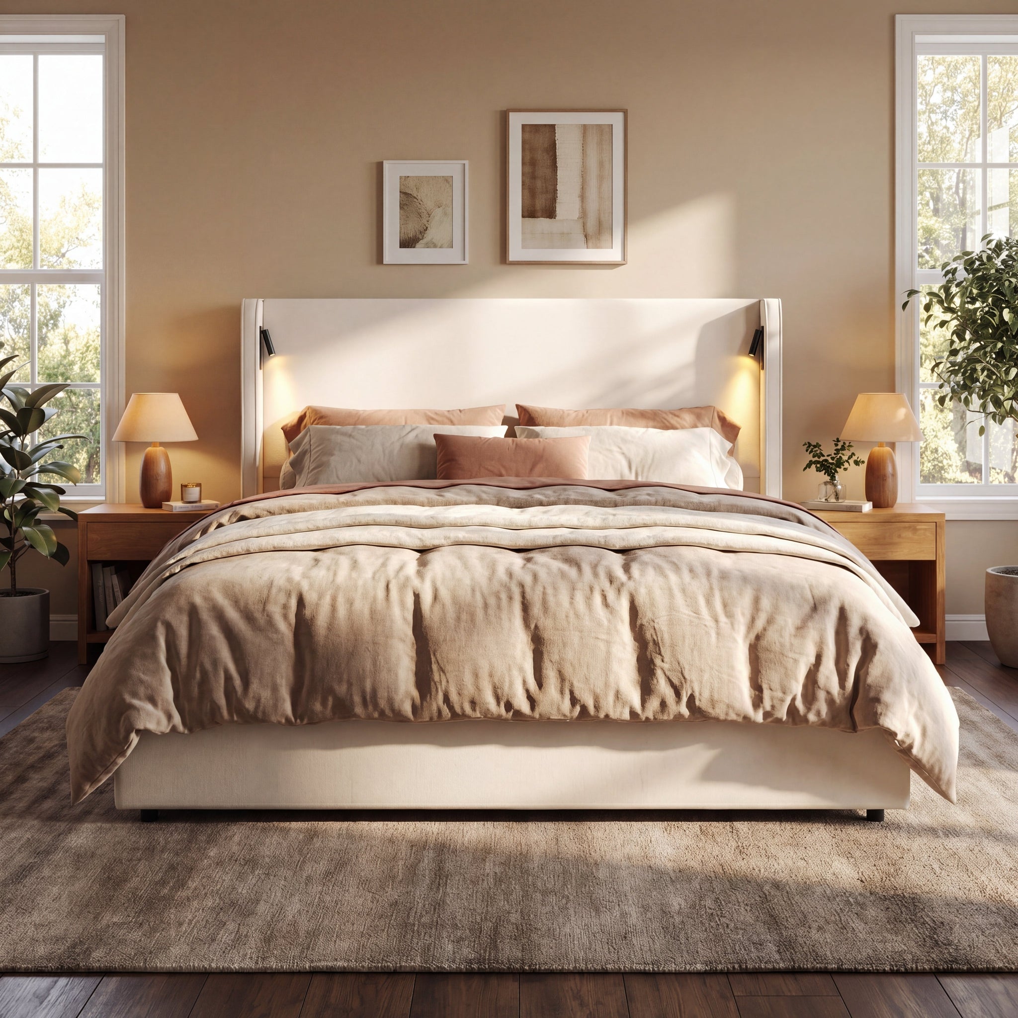 California King Size Upholstered Bed Frame with High Wingback Headboard, Reading Lamp and USB Port by HouseOfZazla