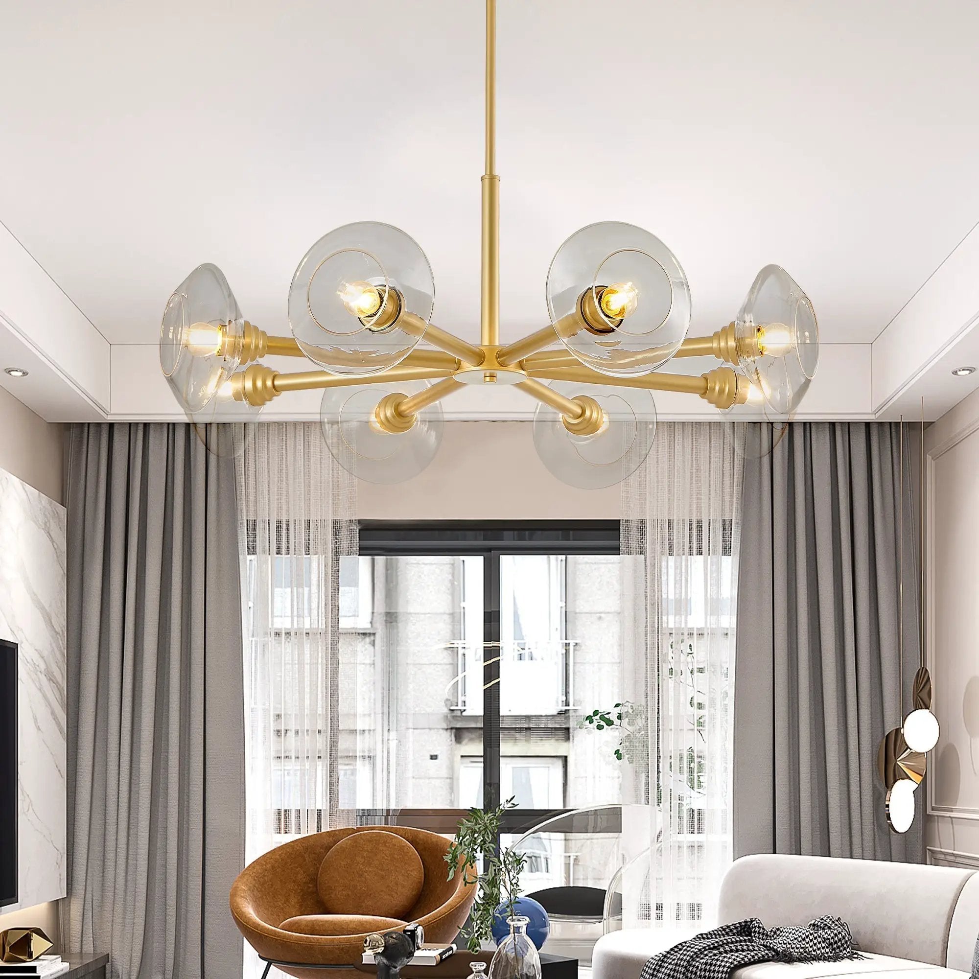 36" Modern Gold 8-Light Sputnik Chandelier with Clear Glass Shades by HouseOfZazla