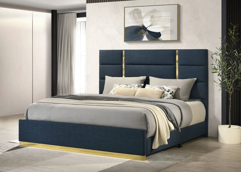 Ines 56-inch Fabric Upholstered Eastern King Panel Bed Navy by Unique Piece Furniture