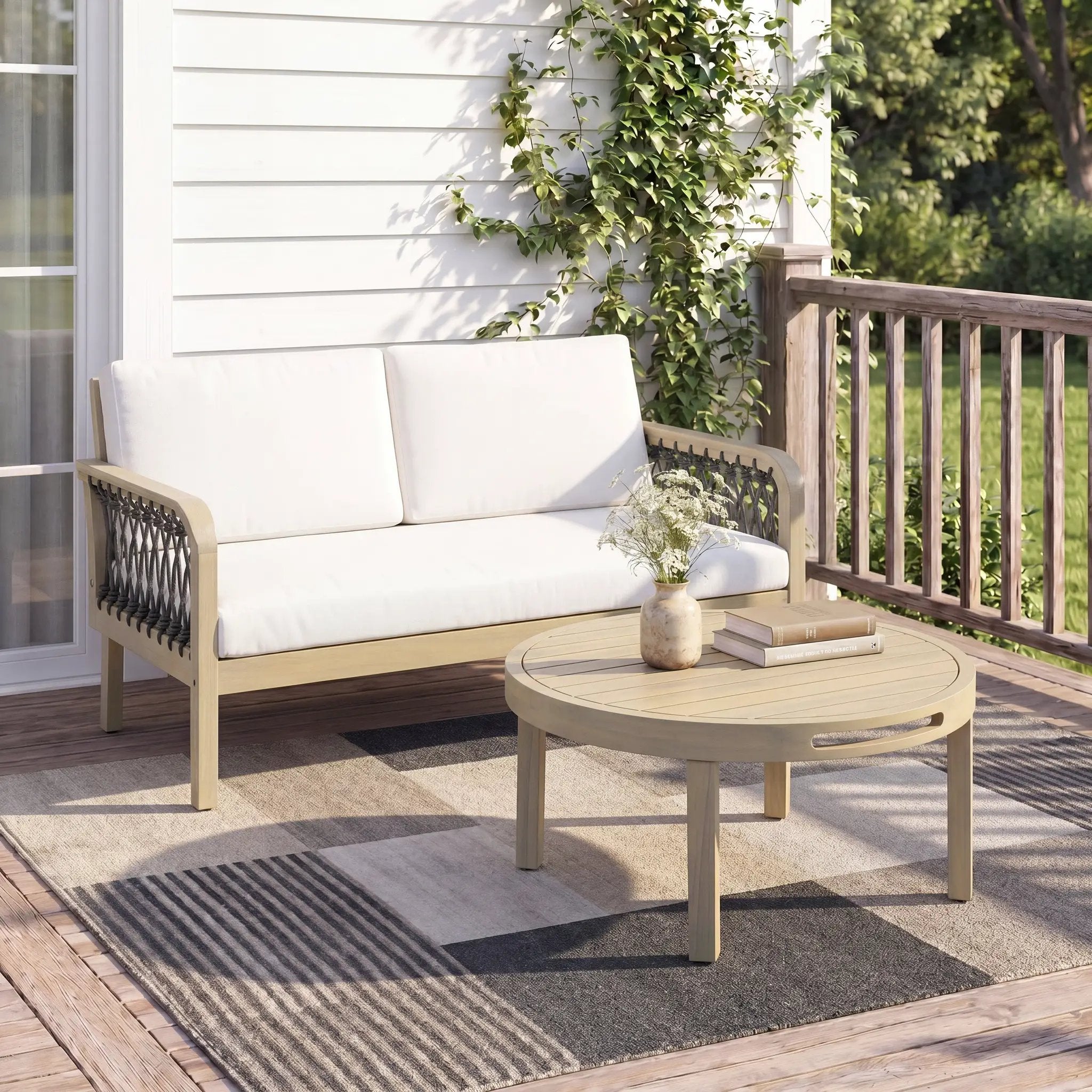Outdoor Acacia Wood Loveseat & Coffee Table Set with Handwoven Rope, Light Teak by HouseOfZazla