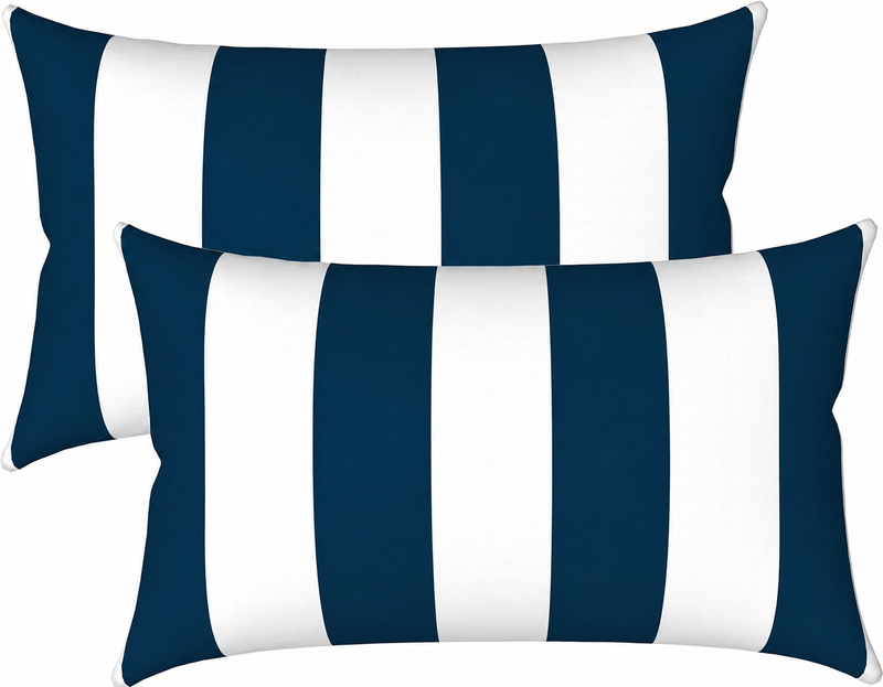 2 Pack Outdoor Lumbar Pillow Covers - Navy Blue/White Striped by HouseOfZazla