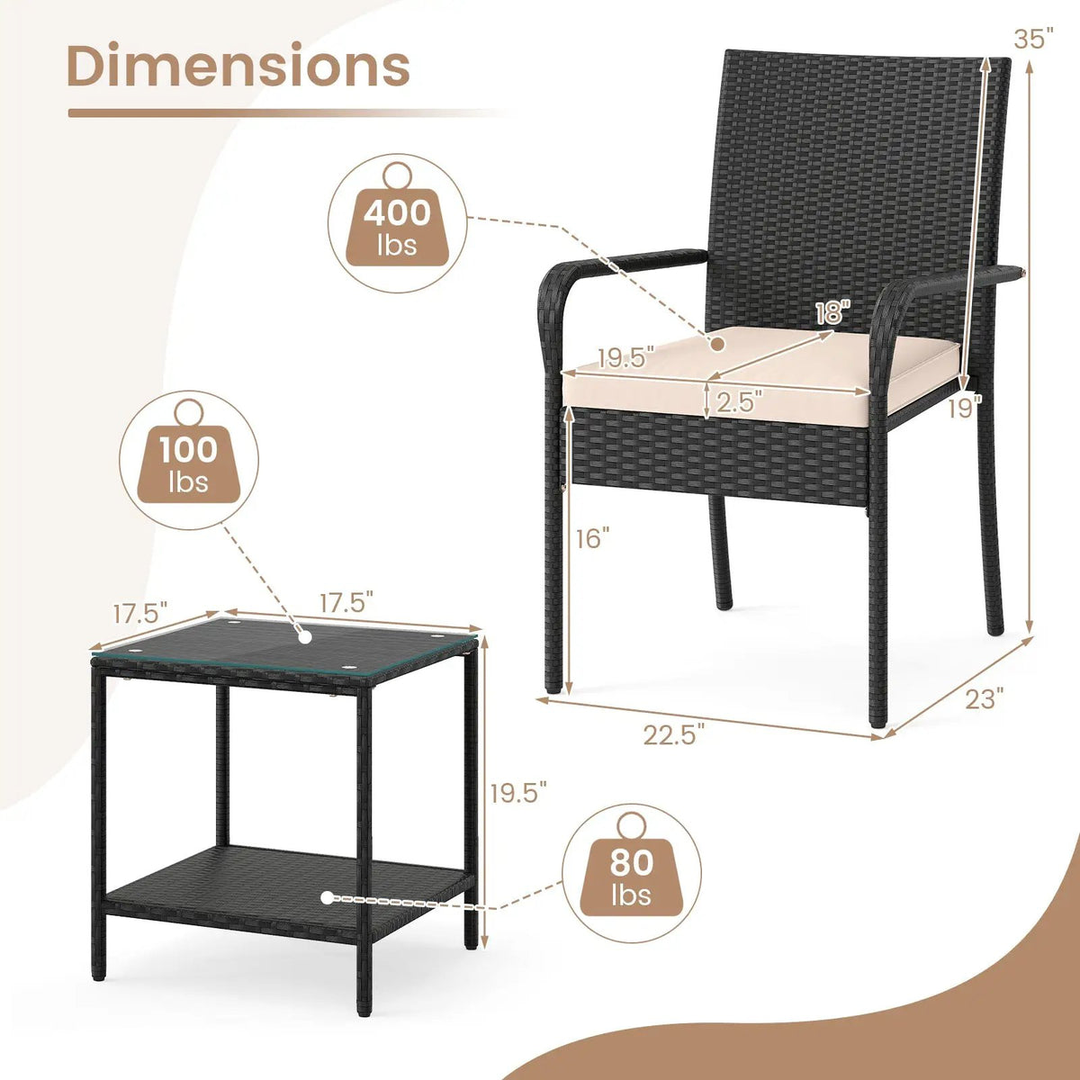 3 Piece Patio Furniture Set with Seat Cushions and Tempered Glass Tabletop, photo 13 of 24