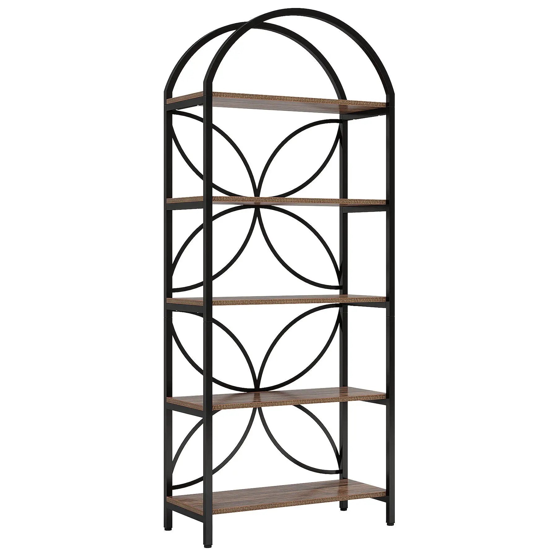 Tall 5 Tier Arched Bookshelf With Shelves For Living Room - Rustic Brown by HouseOfZazla