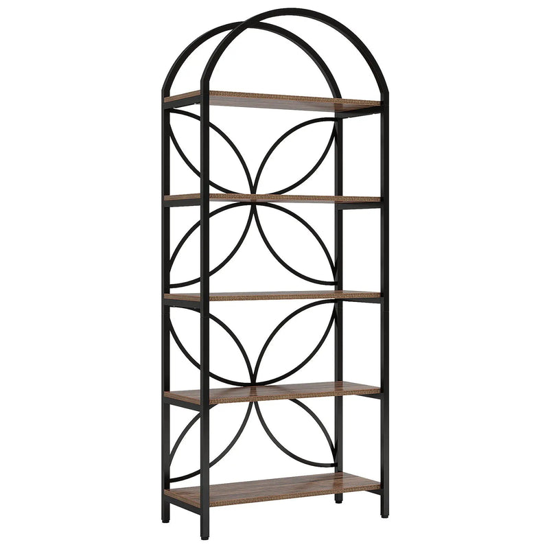 Tall 5 Tier Arched Bookshelf With Shelves For Living Room - Rustic Brown by HouseOfZazla