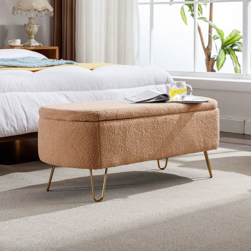 Storage Ottoman Bench For End Of Bed Legs, Modern Camel Faux Fur Entryway Bench Upholstered Padded With Storage For Living Room Bedroom by HouseOfZazla