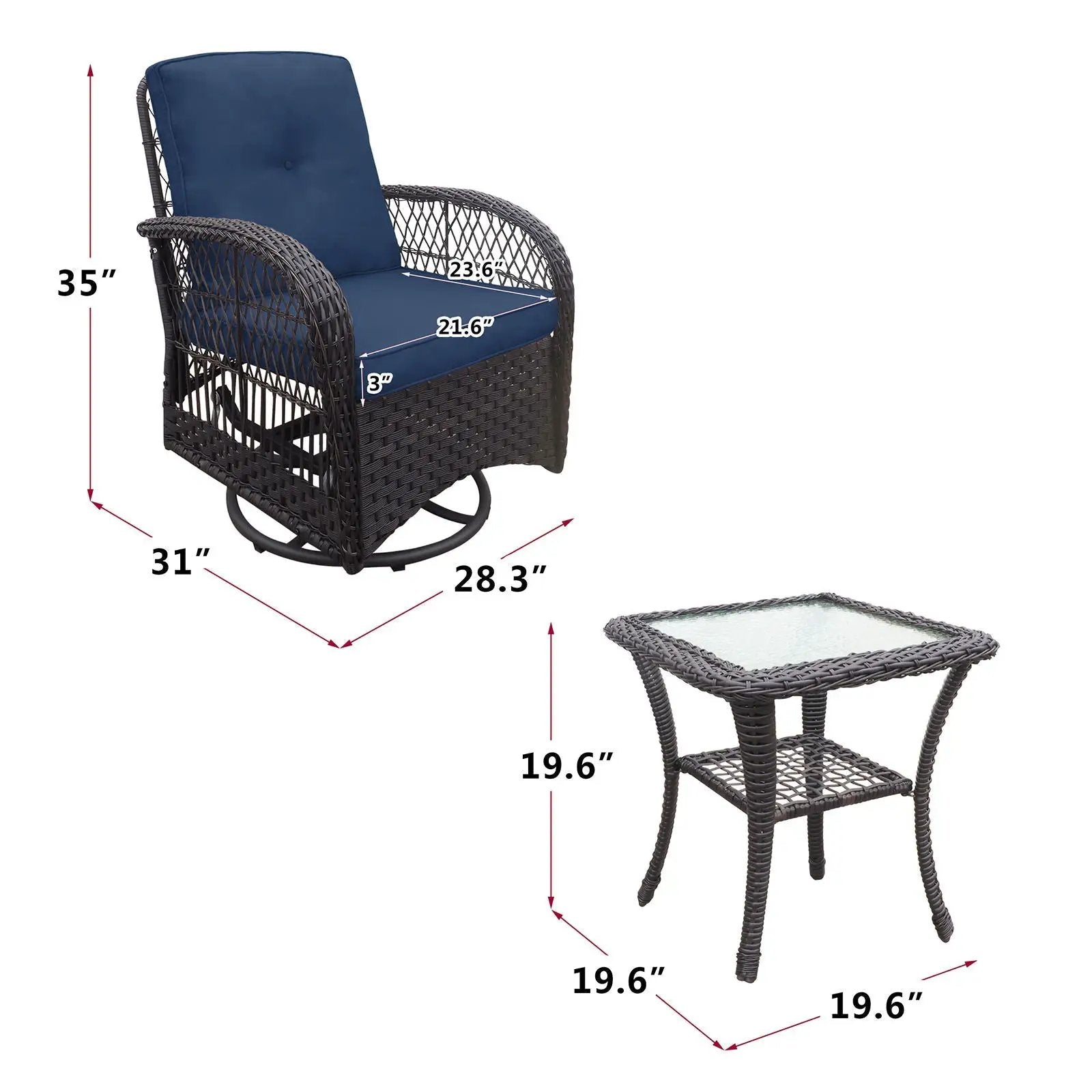 3 Pieces Conversation Set, Outdoor Wicker Rocker Swivel Patio Bistro Set, Rocking Chair With Glass Top Side Table by HouseOfZazla