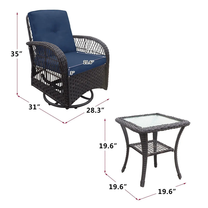 3 Pieces Conversation Set, Outdoor Wicker Rocker Swivel Patio Bistro Set, Rocking Chair With Glass Top Side Table by HouseOfZazla