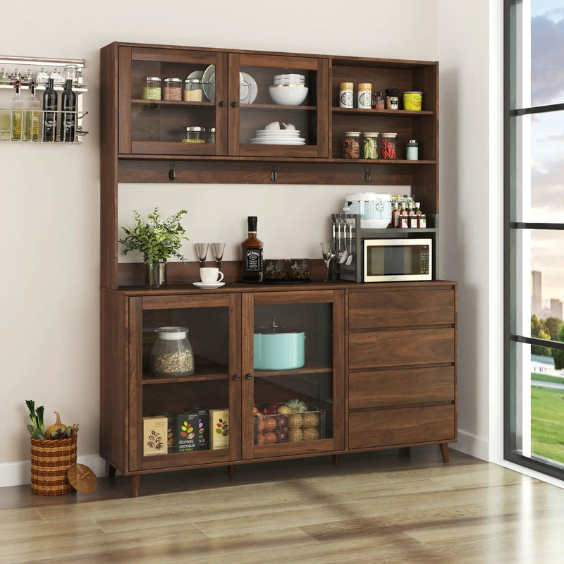 Large Kitchen Hutch Cabinet, Storage Kitchen Cupboard With 4 Doors, 4 Drawers & Microwave Shelf - Walnut by HouseOfZazla