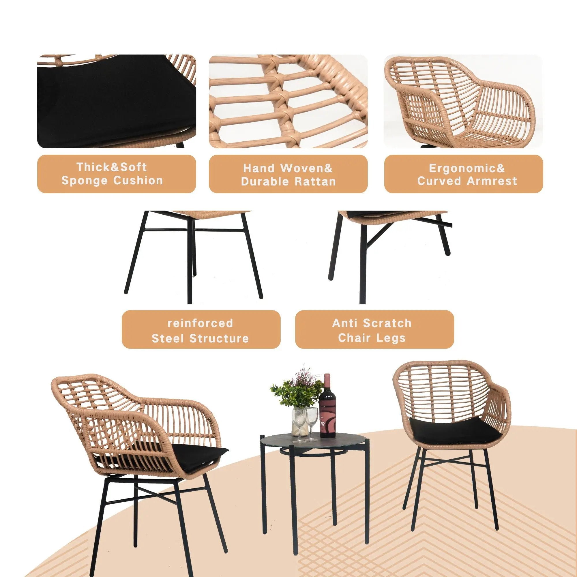 3 Pieces Of Luxury Outdoor Wicker Furniture, Patio Bistro Style Table And Chair Combination, Weather Resistant PE Wicker Weave, Suitable For Garden - Black / Natural by HouseOfZazla