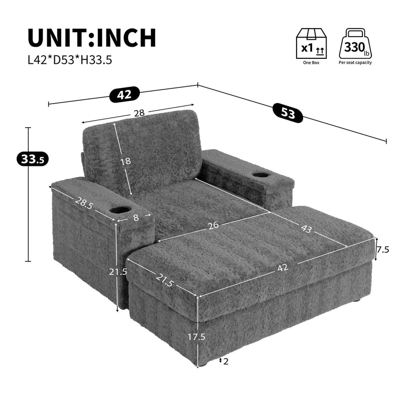 Oversized Chaise Lounge Indoor Rabbit Fur Sofa Bed With Storage Ottoman And Armrests Cup Holders With Deep Seat by HouseOfZazla