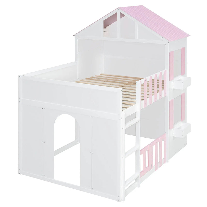 Full over Full House Bunk Bed with Storage - Pink, photo 9 of 10