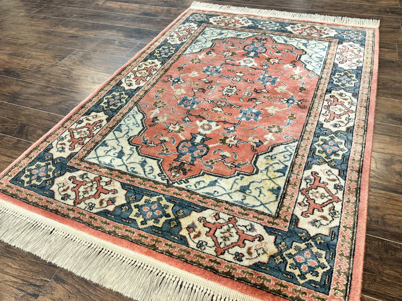 Karastan Rug 4x6 Bergama Design #737, Karastan Area Rug, Vintage Wool Karastan Carpet, Original Collection 700 Series, Salmon Red Light Blue by Jewel Rugs