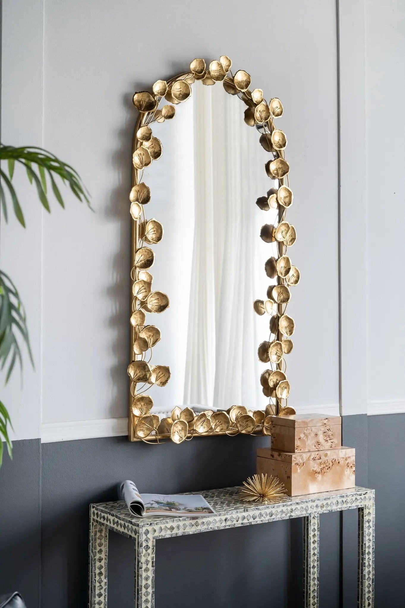 Full Length Arched Wall Mirror With en Leaf Accents Decorative Mirror For Living Room Bedroom - Gold by Unique Piece Furniture