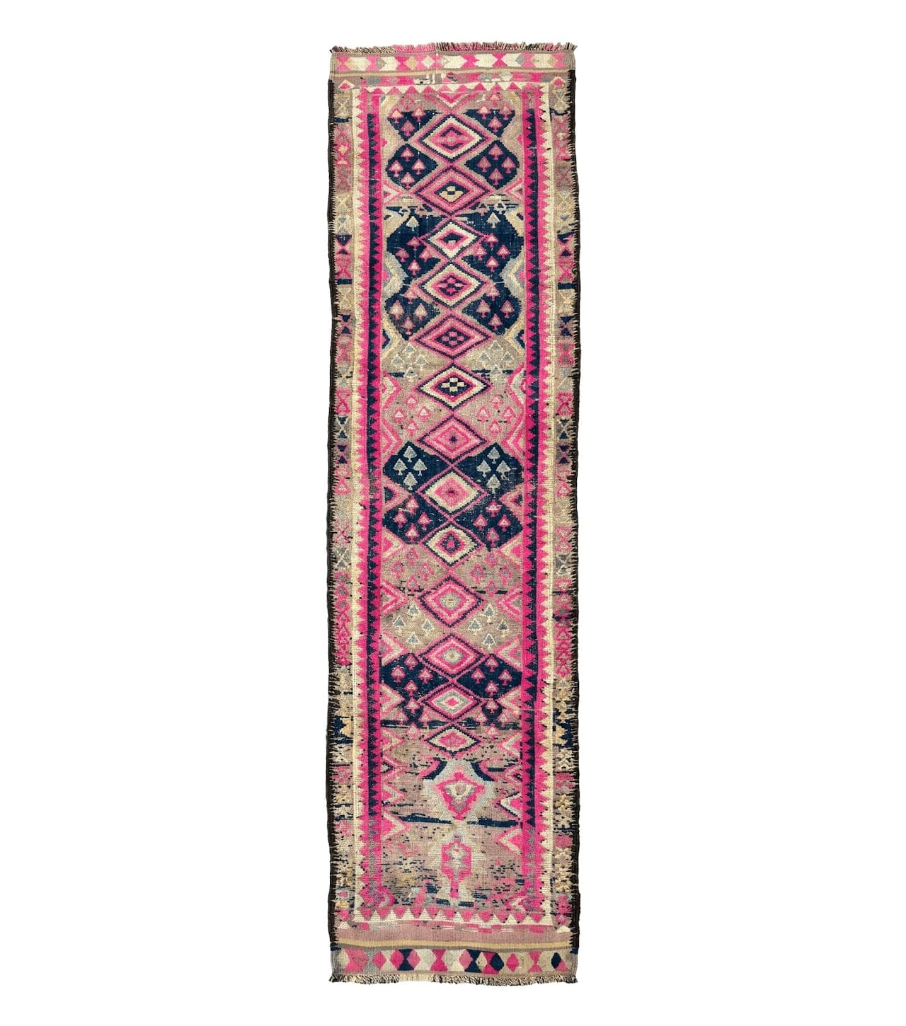 Turkish Runner Rug 3x10, Pink and Navy Blue, Bohemian Runner for Hallway or Kitchen, Vintage, Geometric, Tribal by Jewel Rugs
