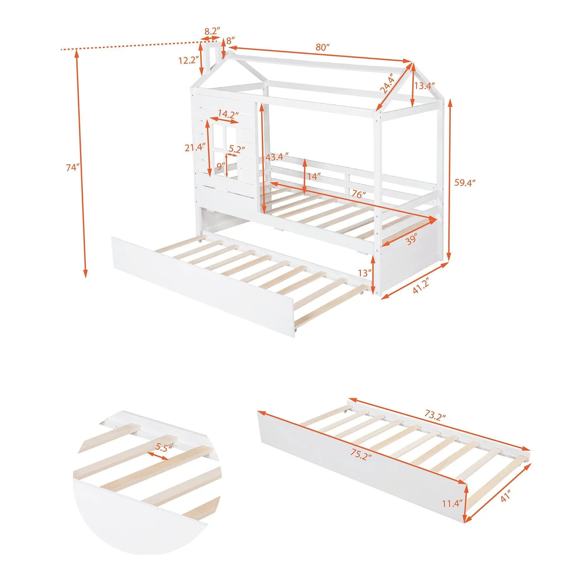 Twin Size Classic House Bed With Twin Size Trundle - White