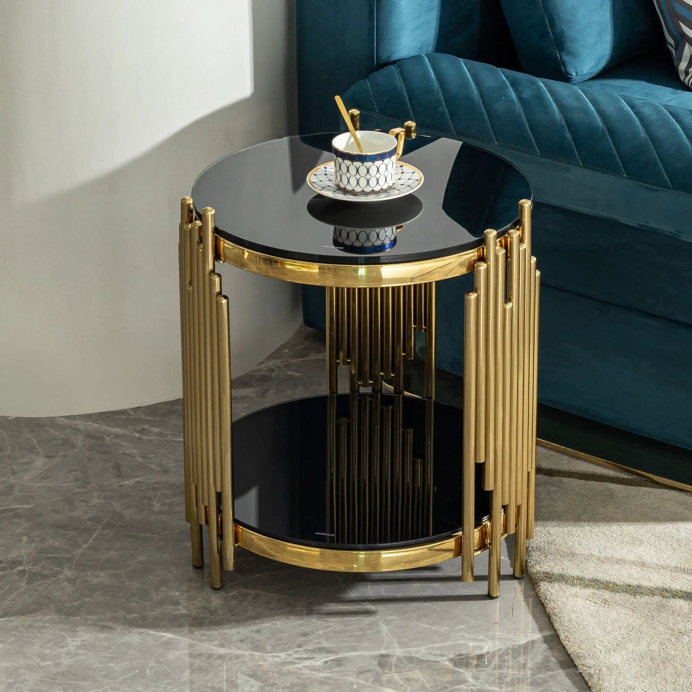 Elegant Round Table With Double Layer Tempered Glass Top And Stainless Steel Frame For Living Room by Unique Piece Furniture