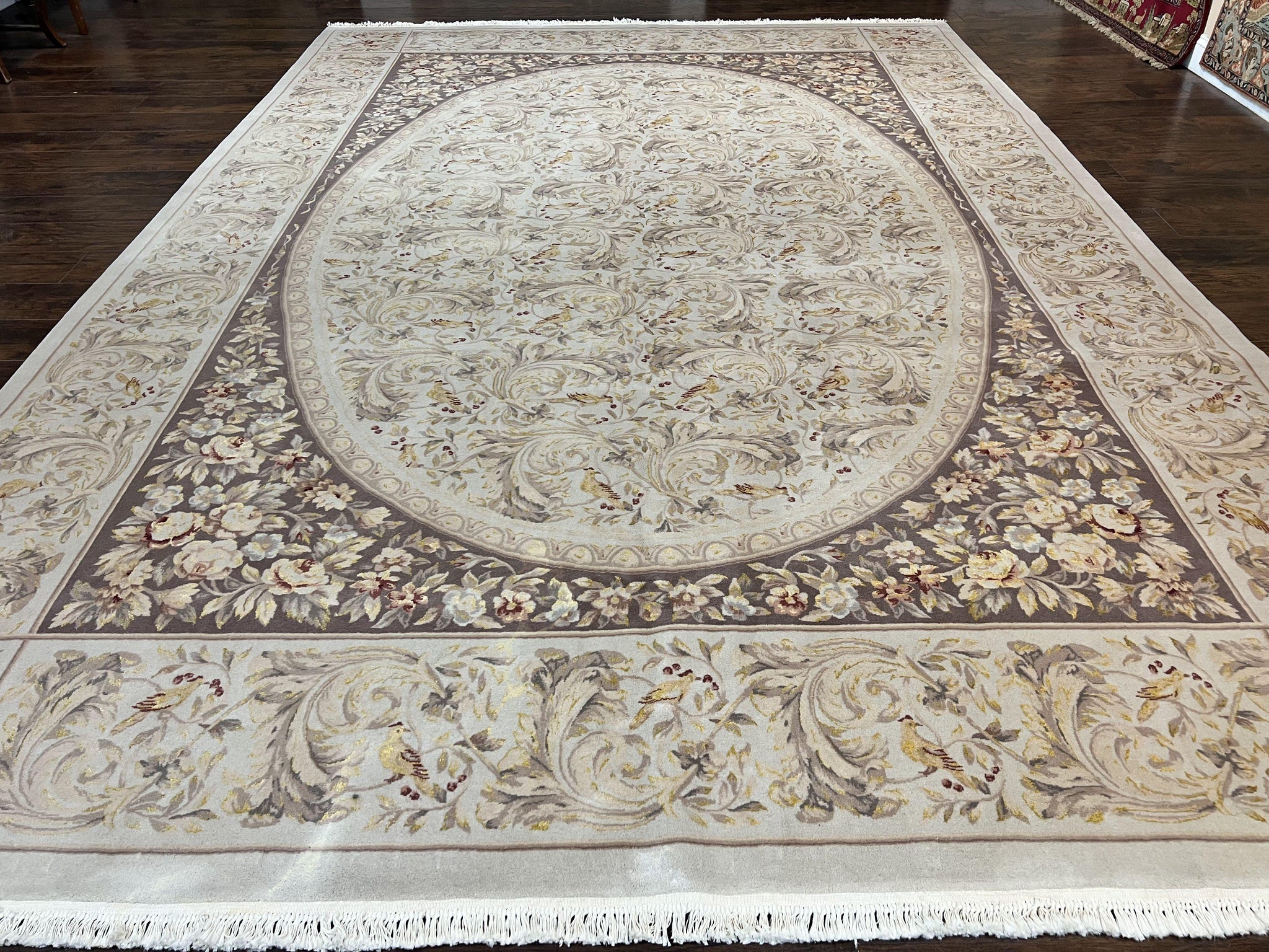 Aubusson Rug 10x14, Wool & Silk Highlights Hand Knotted Vintage Carpet, Birds Flowers, Fine Details, Elegant by Jewel Rugs