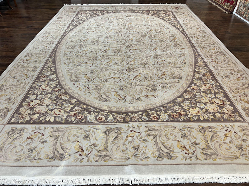 Aubusson Rug 10x14, Wool & Silk Highlights Hand Knotted Vintage Carpet, Birds Flowers, Fine Details, Elegant by Jewel Rugs