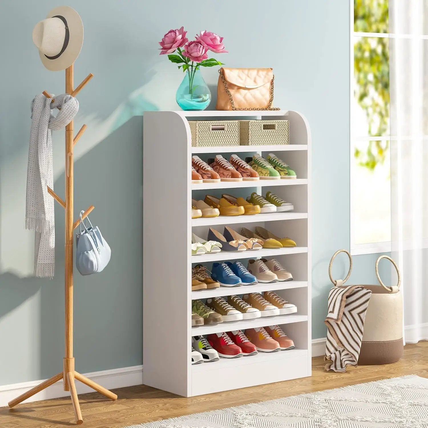 8 Tier Tall Shoe Rack, Wooden Shoe Storage Cabinet, Entryway Organizer - White by HouseOfZazla