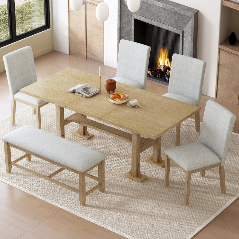 Artisanal 6-Piece Extendable Solid Wood Dining Set with Bench Seating by HouseOfZazla