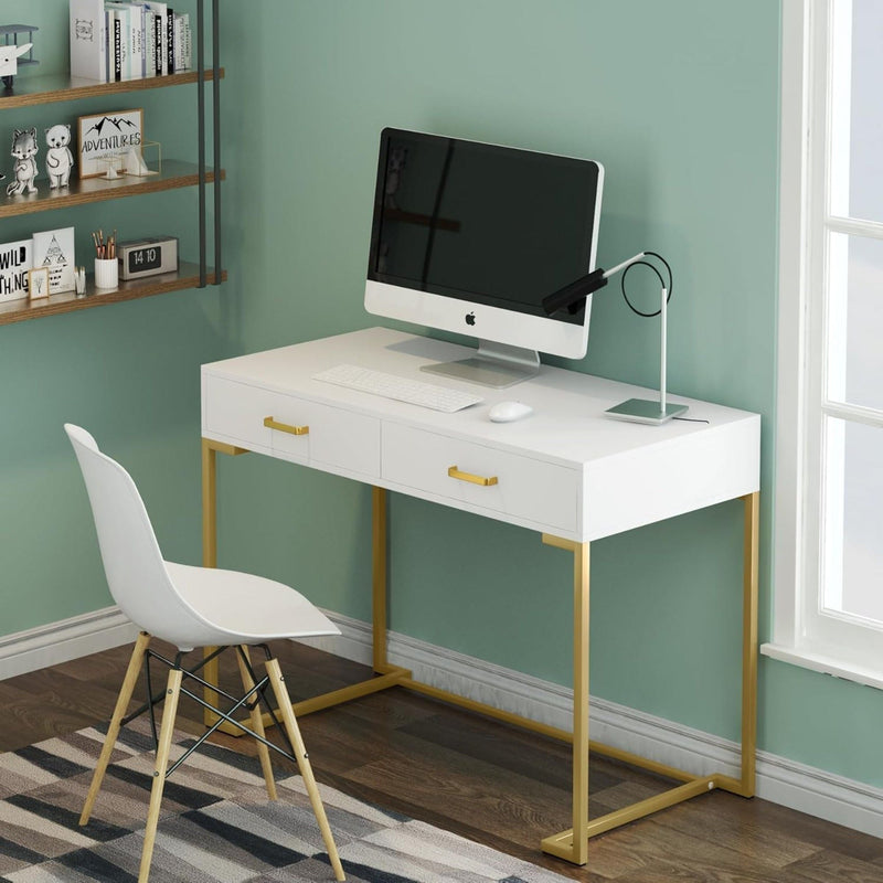 Minimalist Home Office Computer Desk With 2 Drawers, Compact Writing Table For Small Spaces - White / Gold by HouseOfZazla