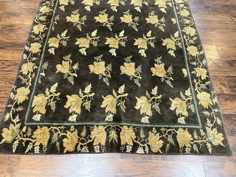 Tibetan Nepal Rug 6x9, Wool Hand Knotted Vintage Carpet 6 x 9, Dark Green & Golden Yellow, Floral Bouquets by Jewel Rugs