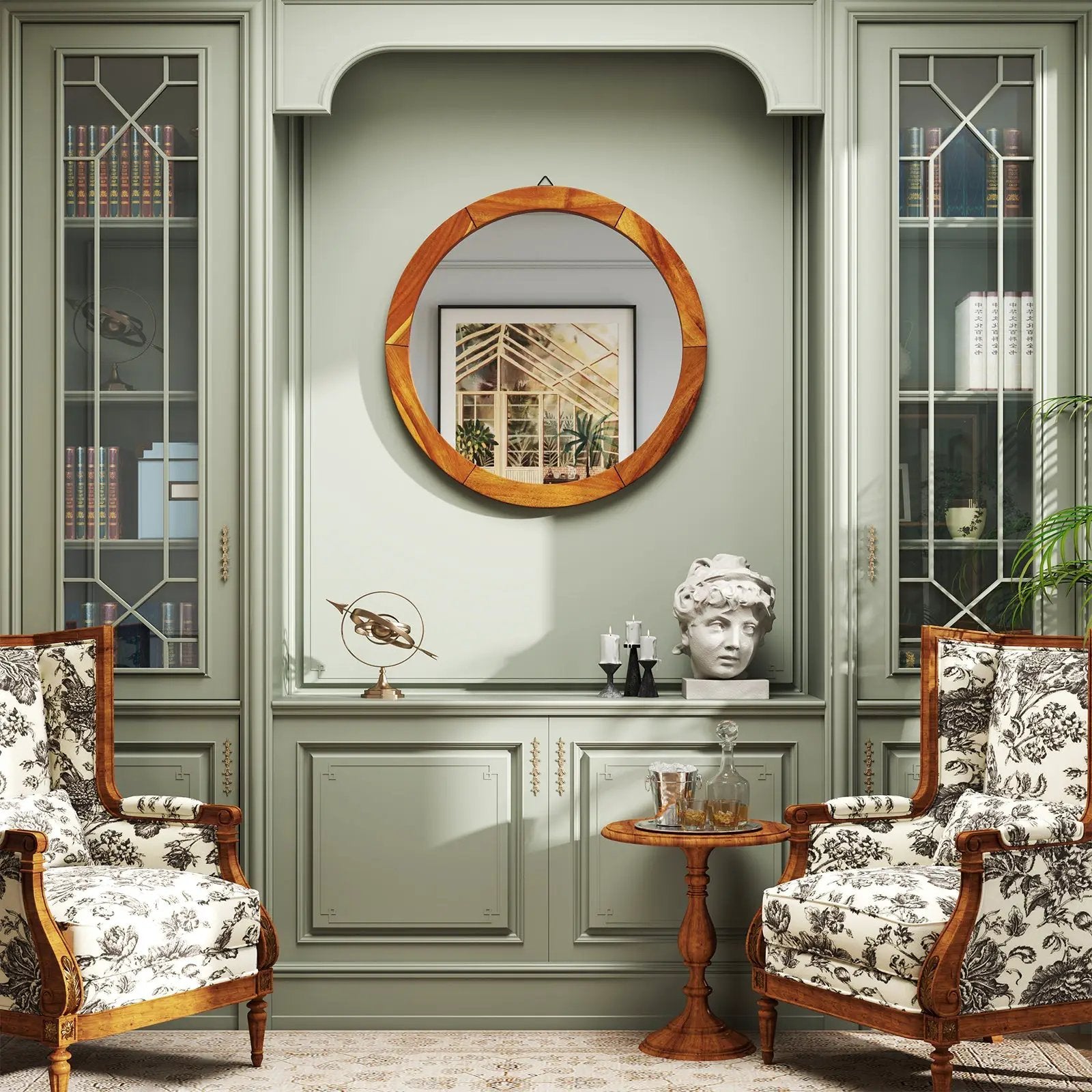 27 Inch Round Wall Mirror with Solid Acacia Wood Frame-Brown by DirectDeals