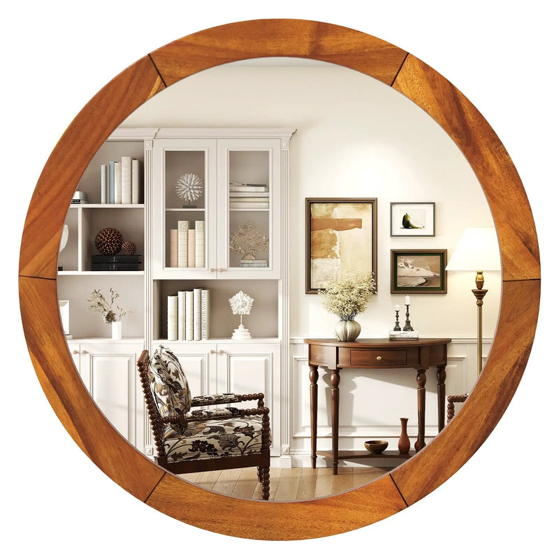 27 Inch Round Wall Mirror with Solid Acacia Wood Frame-Brown by DirectDeals