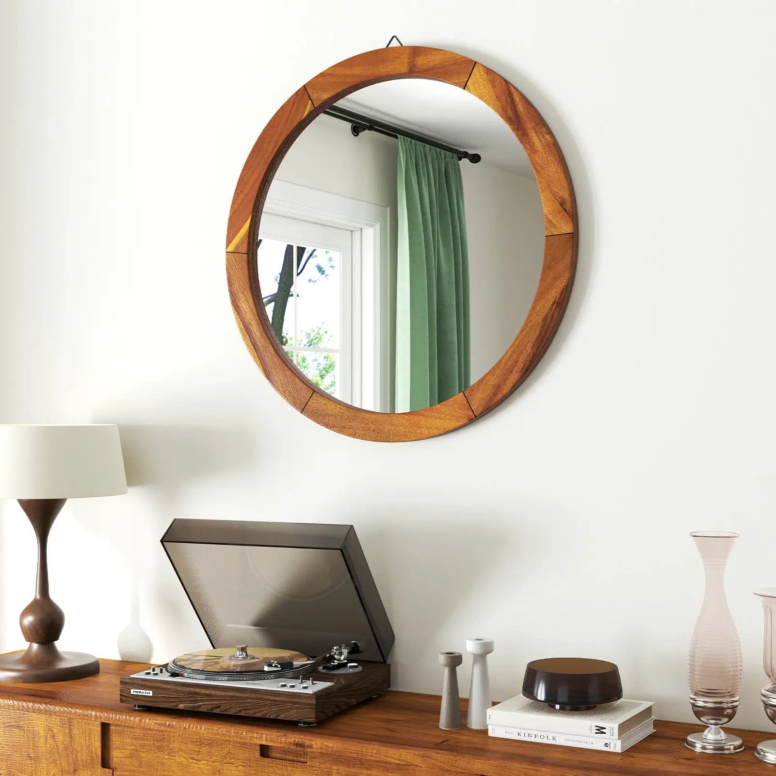 27 Inch Round Wall Mirror with Solid Acacia Wood Frame-Brown by DirectDeals
