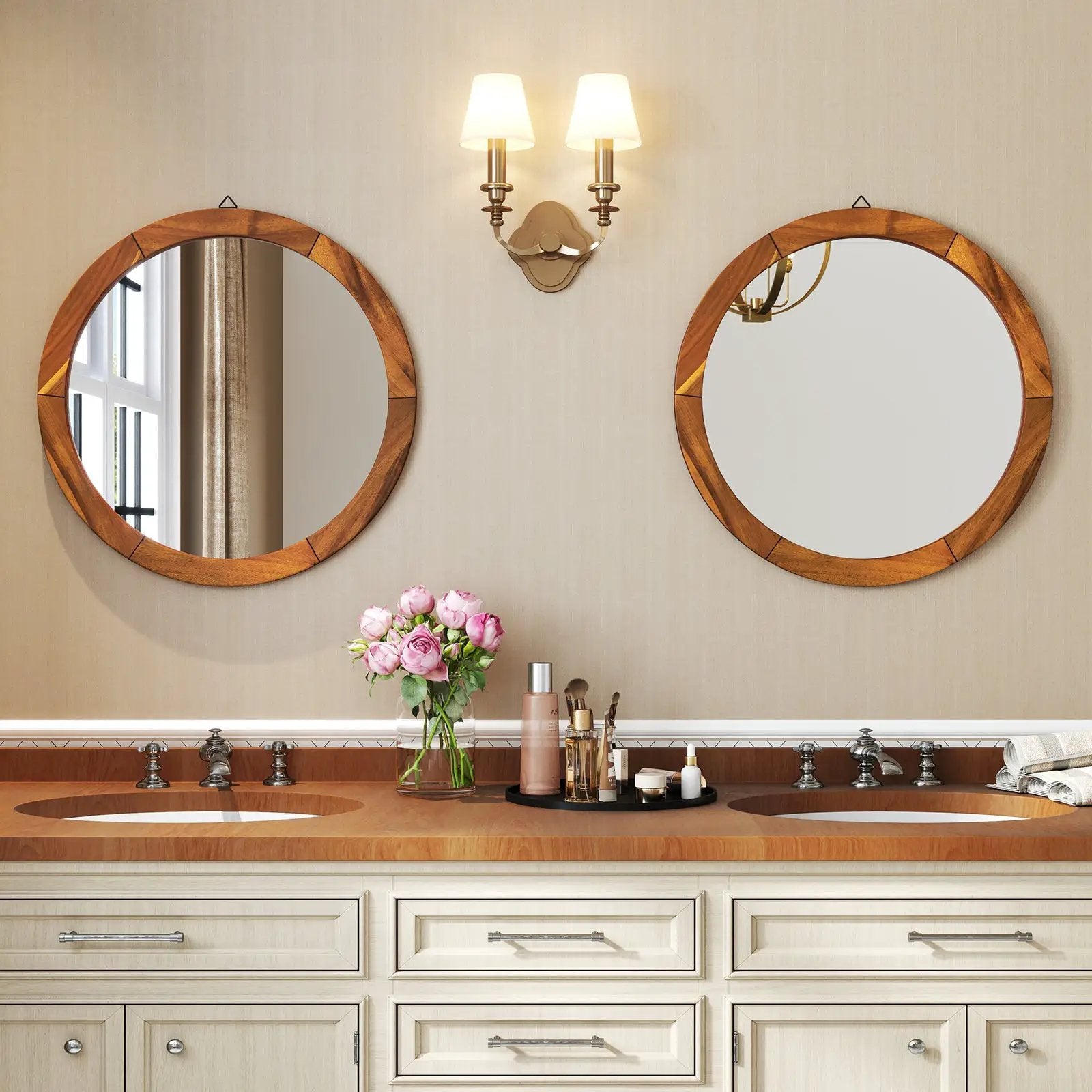 27 Inch Round Wall Mirror with Solid Acacia Wood Frame-Brown by DirectDeals
