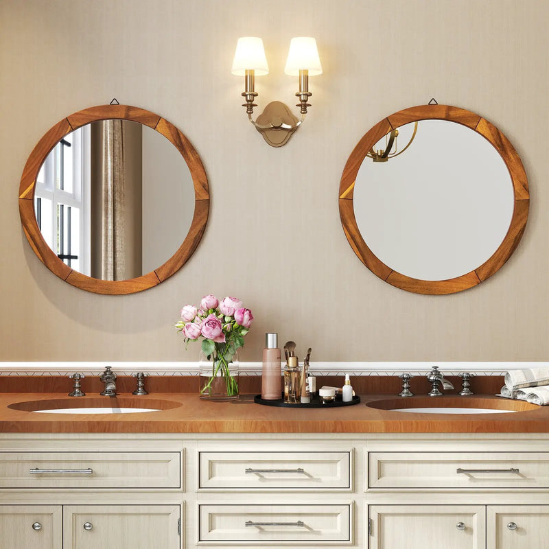 27 Inch Round Wall Mirror with Solid Acacia Wood Frame-Brown by DirectDeals