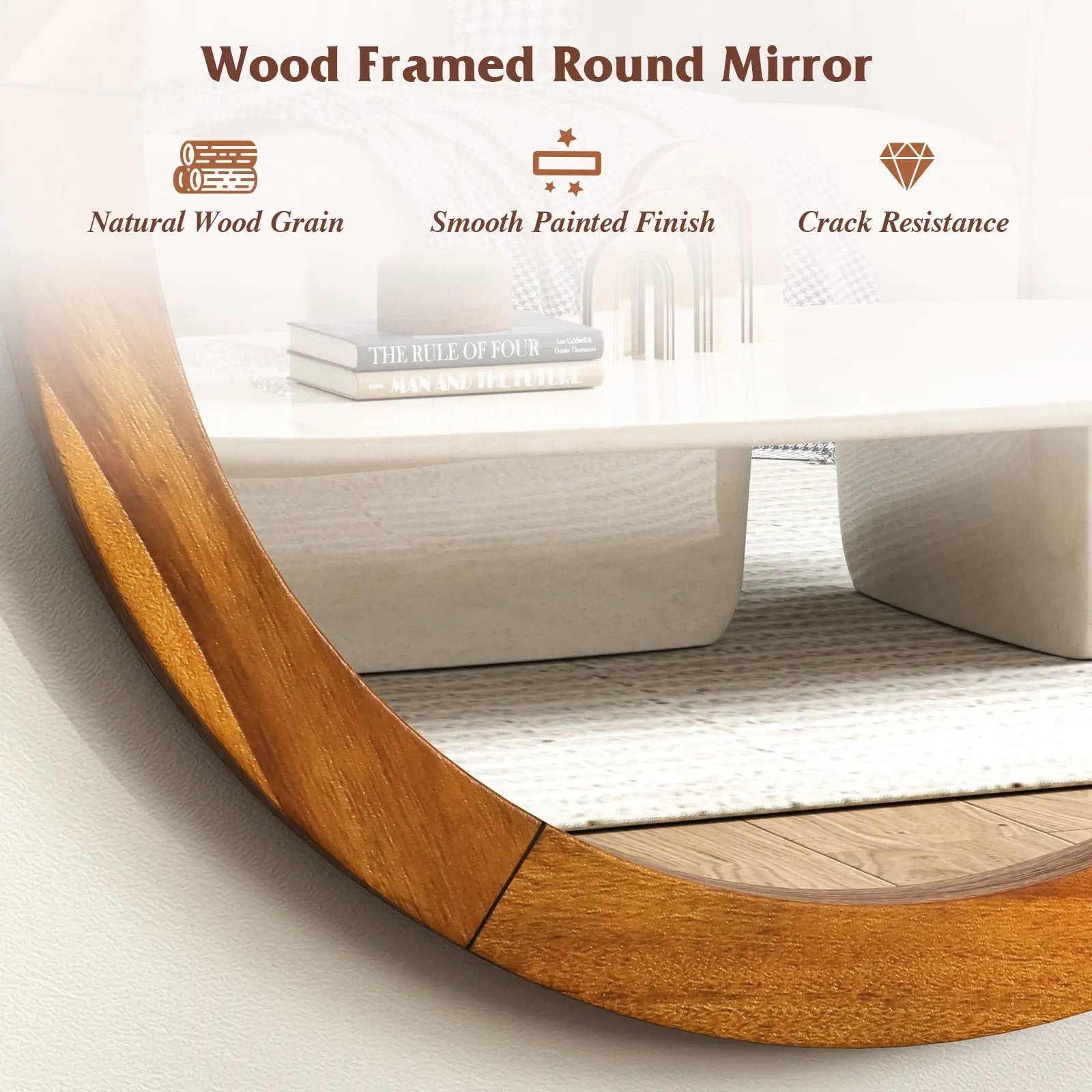 27 Inch Round Wall Mirror with Solid Acacia Wood Frame-Brown by DirectDeals