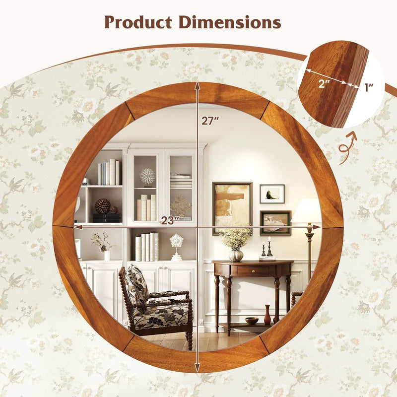 27 Inch Round Wall Mirror with Solid Acacia Wood Frame-Brown by DirectDeals